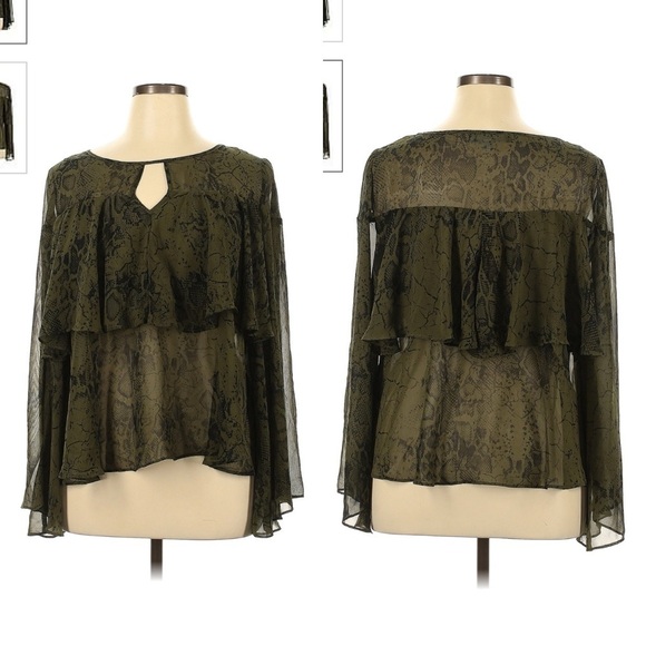 Jennifer Lopez Tops - Jennifer Lopez Olive Green Snakeskin Ruffle Bell Long Sleeve Blouse Size XS
